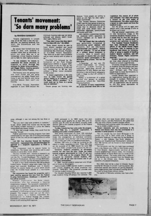 newspaper page from The Daily Nebraskan, May 19 1971, with an article headlined: Tenants' movement: 'So darn many problems'