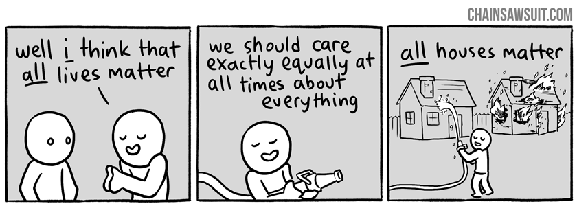 Person who says "All Lives Matter" holds a fire hose on a house while the house next to it is burning and receives no water