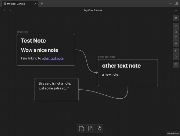 a screenshot from Obsidian showing a canvas that contains two notes, each connected by a line, and a card that is not a note, just some extra text