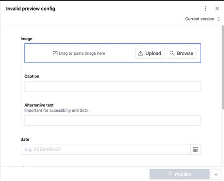 Sanity Studio's web ui open to the creation form for a new Image Holder type document, with several empty text fields